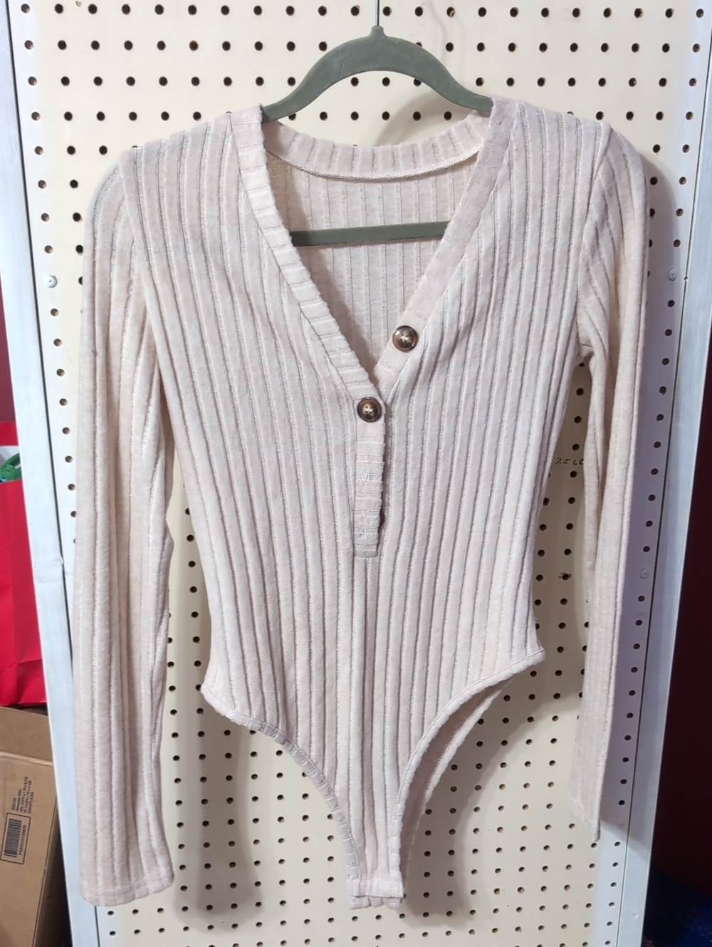 Ribbed V-Neck Long Sleeve Bodysuit in Nude